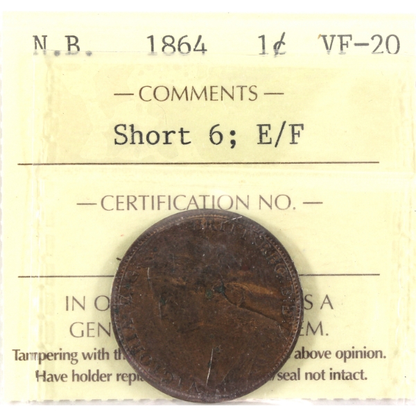 New Brunswick 1-cent 1864 Short 6; E/F ICCS VF20