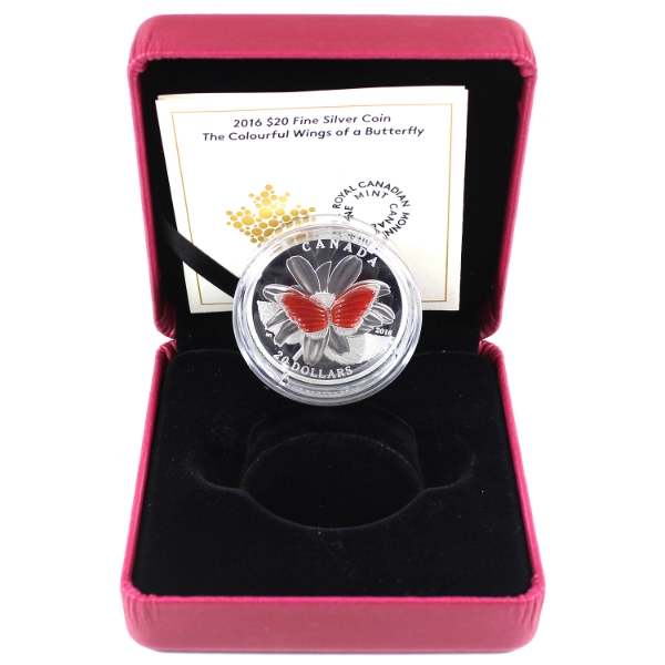 2016 $20 The Colourful Wings of a Butterfly 1oz .9999 Fine Silver Coin with Agate Embellishment
