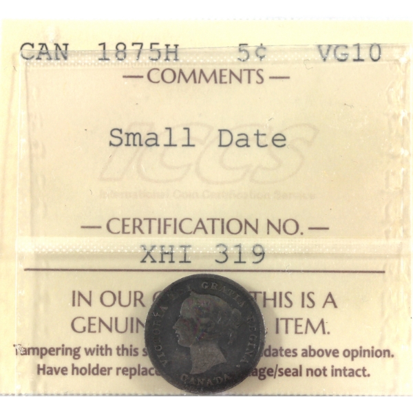 5-cent 1875H Small Date ICCS VG10