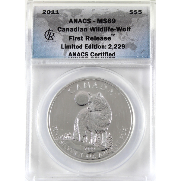 2011 $5 Canadian Wildlife - Wolf First Release ANACS MS69 .9999 Fine Silver Coin (Tax Exempt)