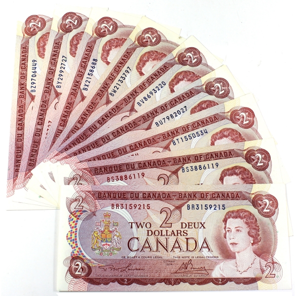 Interesting Set of 1974 $2 Canada Notes BR to BZ, all Different Prefix Letters. Uncirculated. 9pcs