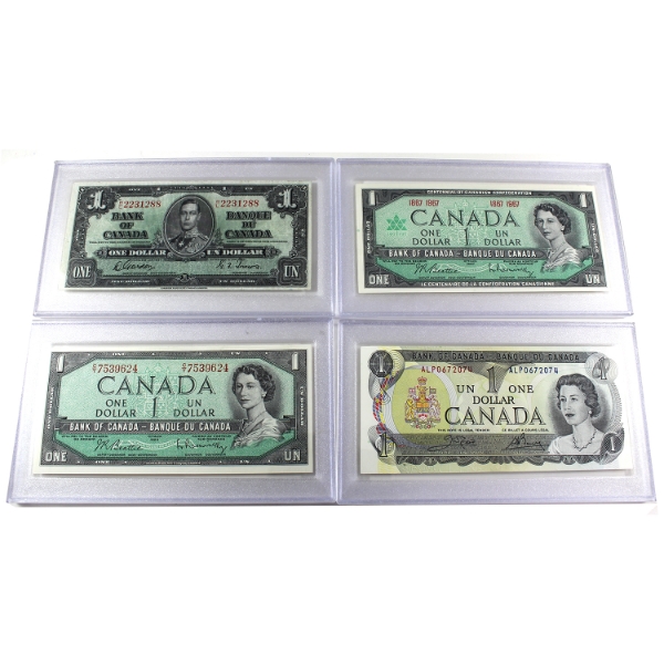 1937, 1954, 1967 & 1973 $1 Banknotes in Hard Plastic Cases. 4pcs