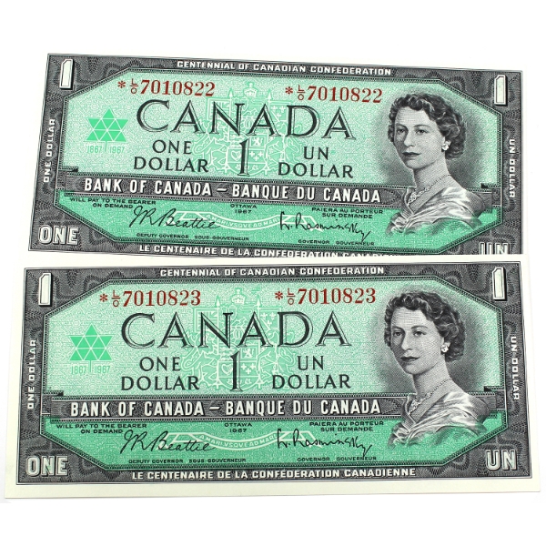 BC-45bA 1967 $1 Consecutive Pair Beattie-Rasminsky *L/O7010822-"23. 2pcs.
