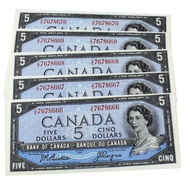 BC-39a-i 1954 $5 Consecutive UNC or Better Beattie-Coyne SN: X/C7678666-"70. 5pcs.