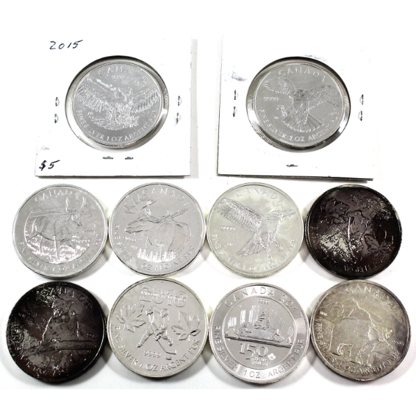 Group Lot of Commemorative $5 1oz .9999 Fine Silver Maple Leaves, All Different. 10pcs. (Tax Exempt)