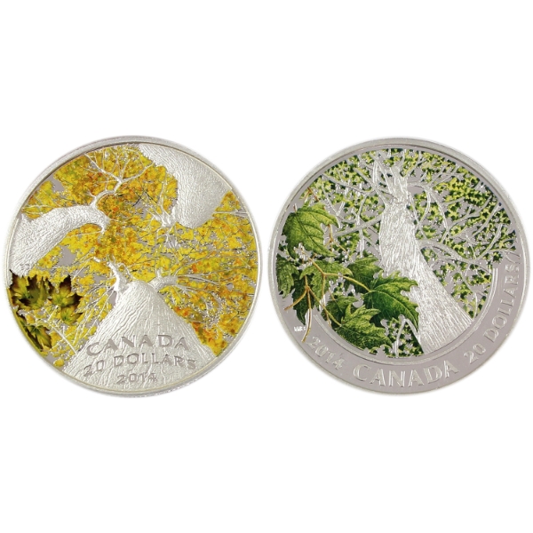 Group Lot of 2014 $20 Maple Canopy 1oz .9999 Fine Silver Coins w/ Selective Colour. 2pcs.