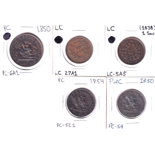 Group Lot of 1838-1854 Canadian Penny and Half Penny Tokens F15-EF40. 5pcs.