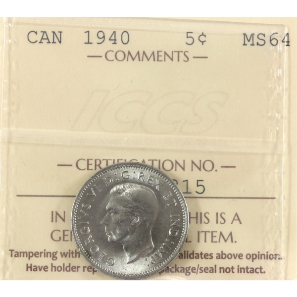 5-cent 1940 ICCS MS64