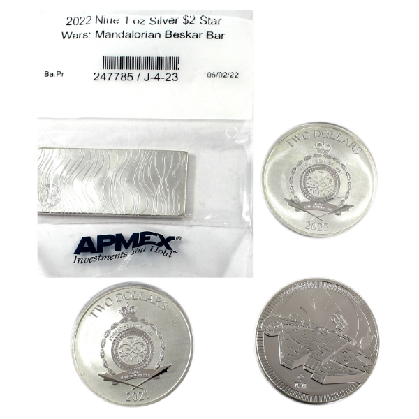 4x 1oz Niue 2021 & 2022 $2 Star Wars .999 Fine Silver Rounds & Bar. 4pcs. (Tax Exempt)