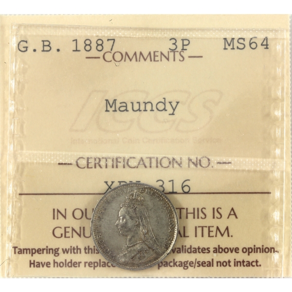 Great Britain Silver 1887 3 Pence Maundy ICCS MS64