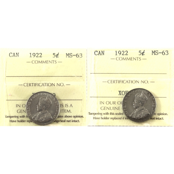 5-cent 1922 Far Rim & Near Rim ICCS MS63. 2pcs