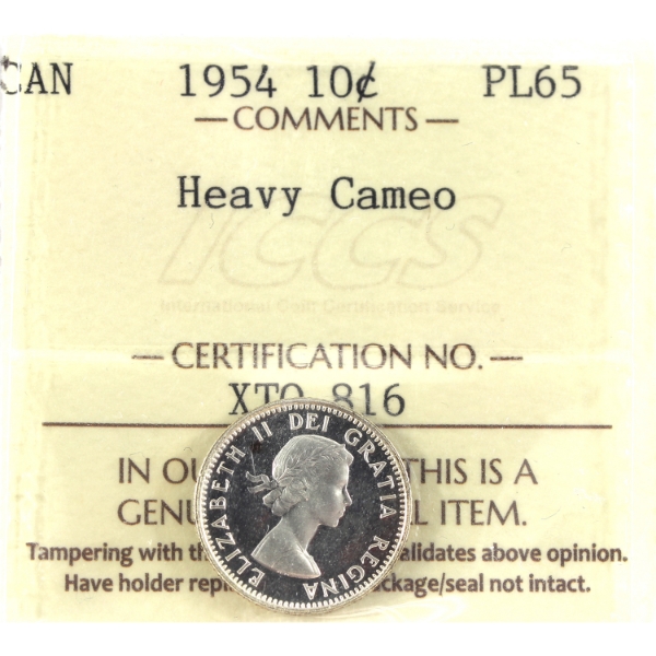10-cent 1954 ICCS PL65 Heavy Cameo