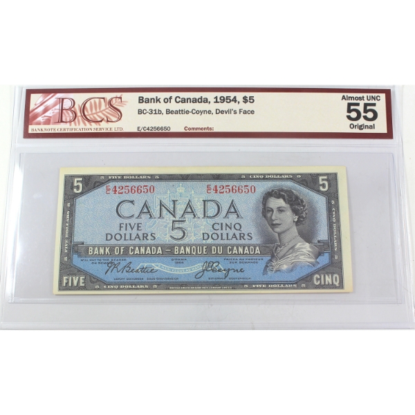 BC-31b 1954 $5 Devil's Face BCS AU55 Original Beattie-Coyne SN: E/C4256650