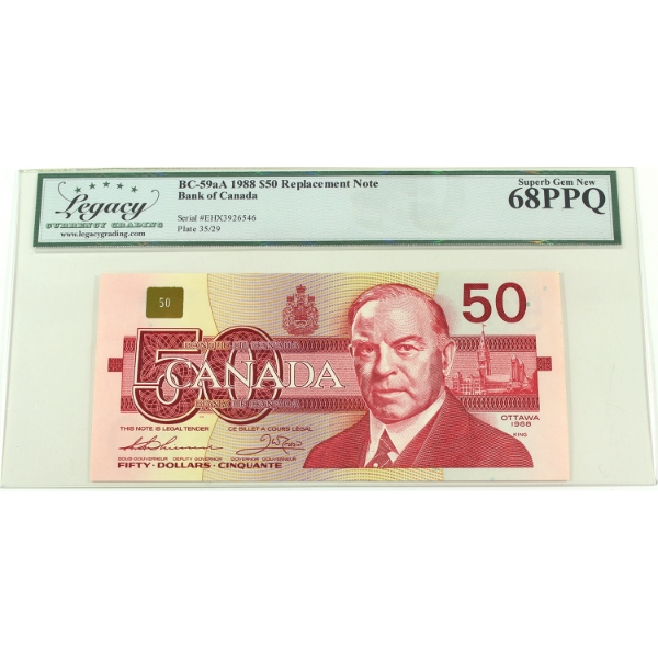 BC-59aA 1988 $50 EHX Replacement Legacy Superb GEM UNC68 PPQ Thiessen-Crow SN: EHX3926546
