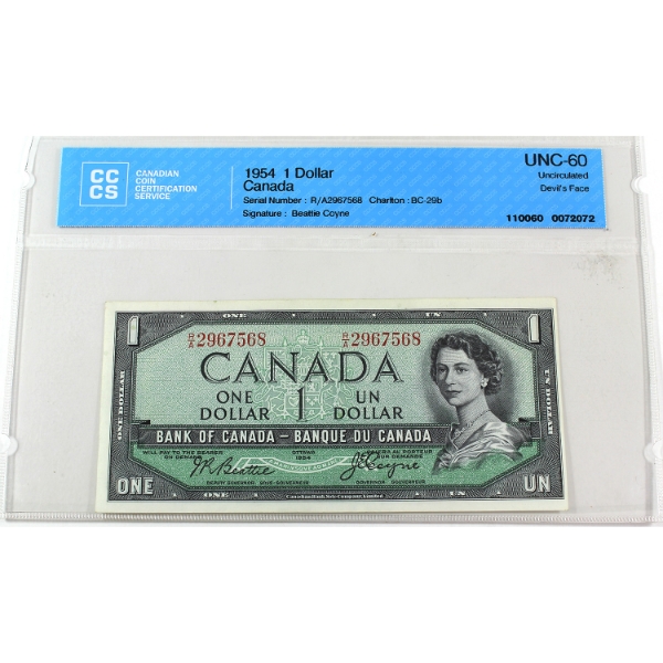 BC-29b 1954 $1 Devil's Face CCCS UNC60 Beattie-Coyne SN: R/A2967568