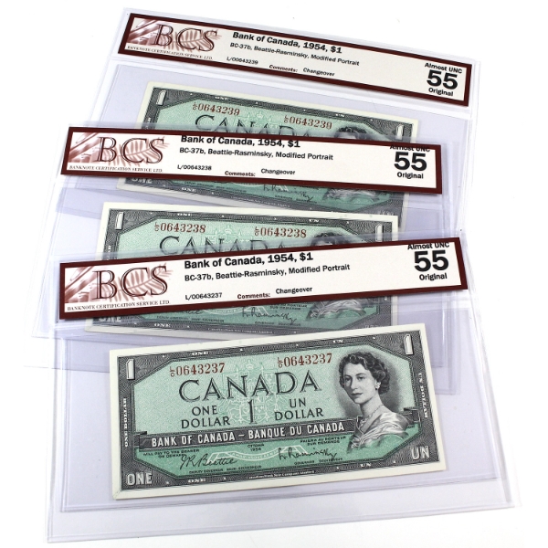BC-37b 1954 $1 Modified Portrait Consecutive BCS AU55 Original Beattie-Rasminsky Changeover. 3pcs.