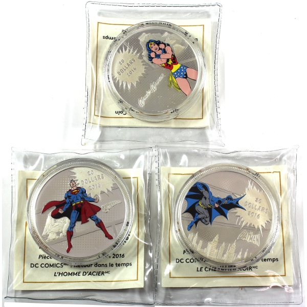Group Lot of 2016 $20 DC Comics Originals 1oz .9999 Fine Silver Coins w/ Selective Colour. 3pcs.