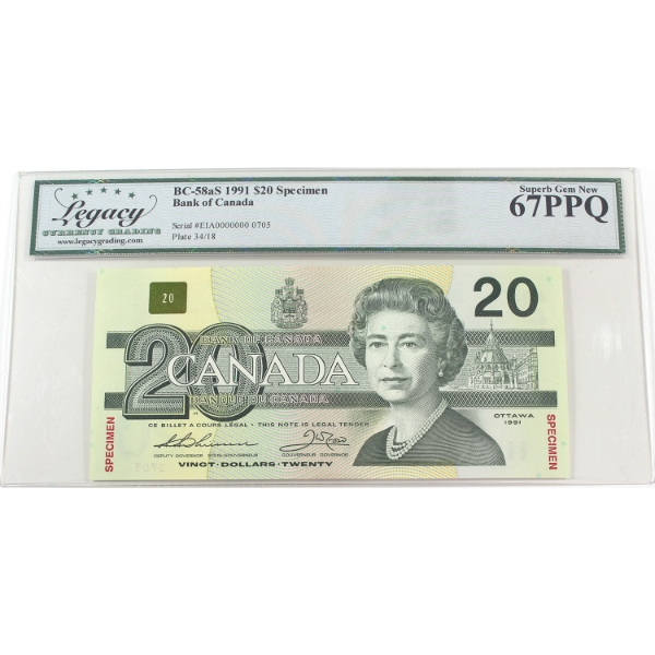 BC-58aS 1991 $20 Specimen Legacy Superb GEM UNC67 PPQ Thiessen-Crow SN: EIA0000000 0705