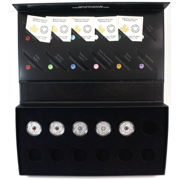 2020 $5 Birthstones .9999 Fine Silver Set (5/12) w/ 4 Swarovski Crystals Featured on Each Coin