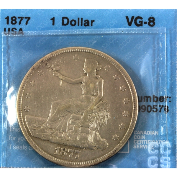 USA Silver 1877 Trade Dollar CCCS VG8