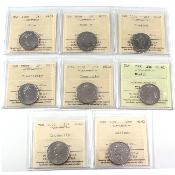 25-cent 1999-2001 ICCS MS62 to MS63. 8pcs.