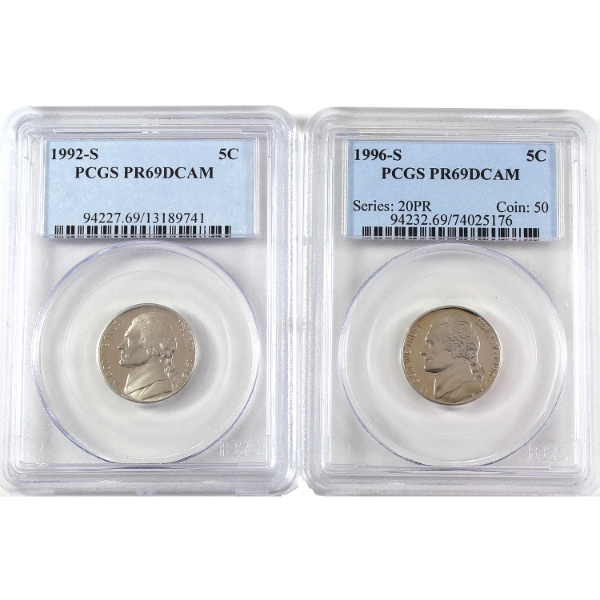 USA Jefferson Nickel 1992S & 1996S PCGS PR69 Deep Cameo. 2pcs.