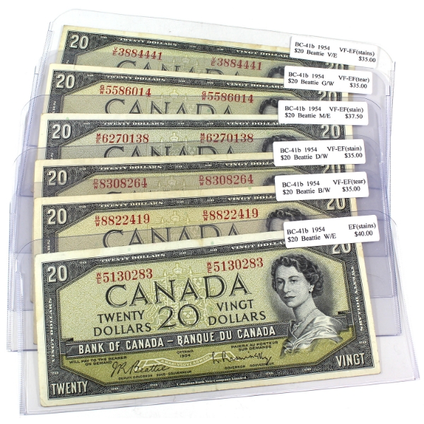 BC-41b 1954 $20 Modified Portrait VF-EF to EF Beattie-Rasminsky. 6pcs
