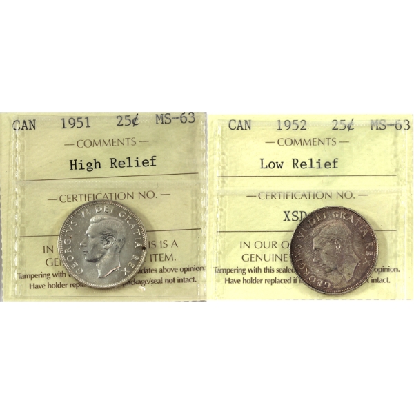 25-cent 1951 High Relief & 1952 Low Relief ICCS MS63. 2pcs.