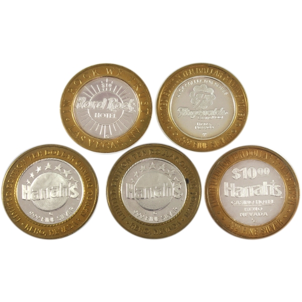 5x N.D. $10 Limited Edition .999 Fine Silver Casino Gaming Tokens. 5pcs. (Tax Exempt)