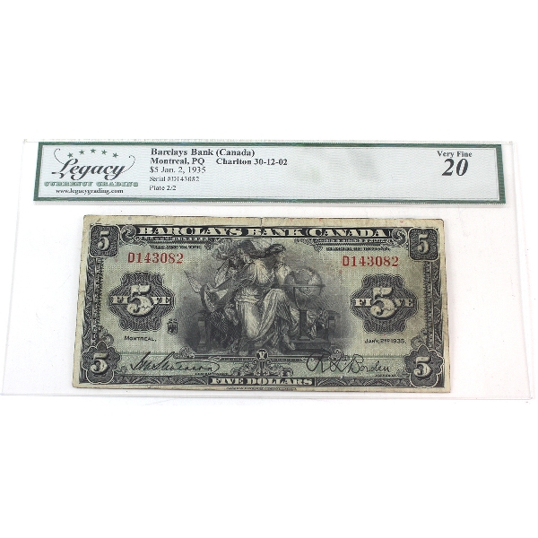30-12-02 1935 $5 Barclays Bank Legacy VF20 Stevenson-Borden SN: D143082