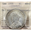 Image 1 : Silver $1 1935 Dbl XXV; Dbl Voyageur ICCS MS63