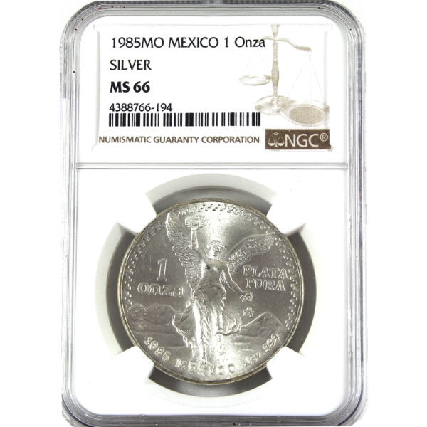 Mexico Silver 1985MO Libertad 1oz .999 Fine Silver NGC MS66 (Tax Exempt)