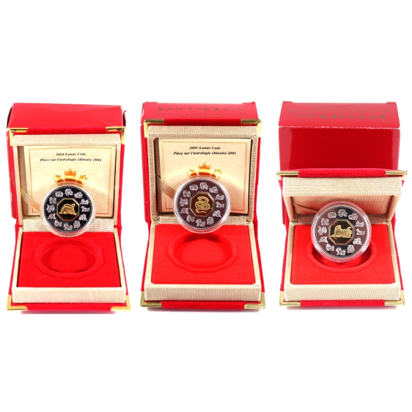 1998-2004 $15 Sterling Silver Lunar Coins w/ Gold Plated Cameos. 3pcs