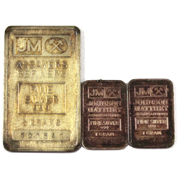 7g Lot Total! JM Johnson Matthey 5g & 1g .999 Fine Silver Bars. 3pcs. (Tax Exempt)