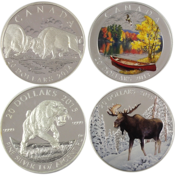 Group Lot of 2013-2015 $20 Animal & Nature Themed .9999 Fine Silver Coins. 4pcs. (Tax Exempt)