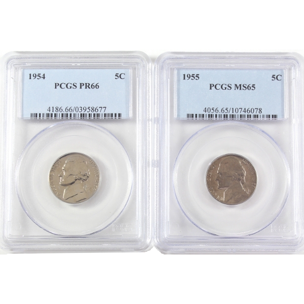 USA Jefferson Nickels 1954 PR66 & 1955 MS65 PCGS. 2pcs.