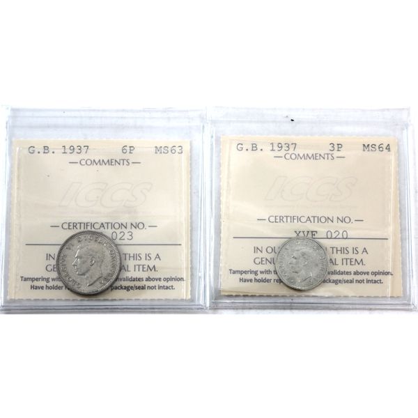 Great Britain Silver 1937 3 Pence & 6 Pence ICCS MS63 & MS64