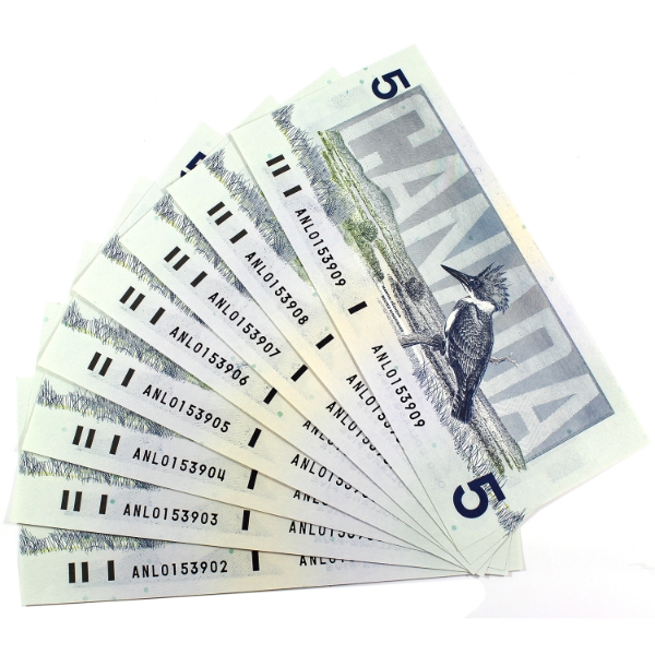 BC-56d 1986 $5 Consecutive Knight-Thiessen SN:ANL0153902-"09. 8pcs