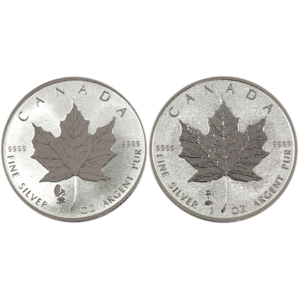 2x 1oz 2018 & 2019 $5 Silver Maple Leafs .9999 Fine Silver Coins w/ Privy Marks. 2pcs. (Tax Exempt)