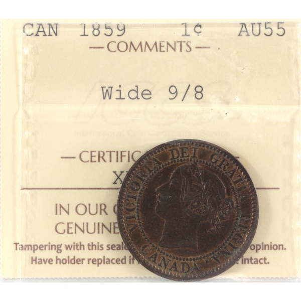 1-cent 1859 Wide 9/8 ICCS AU55