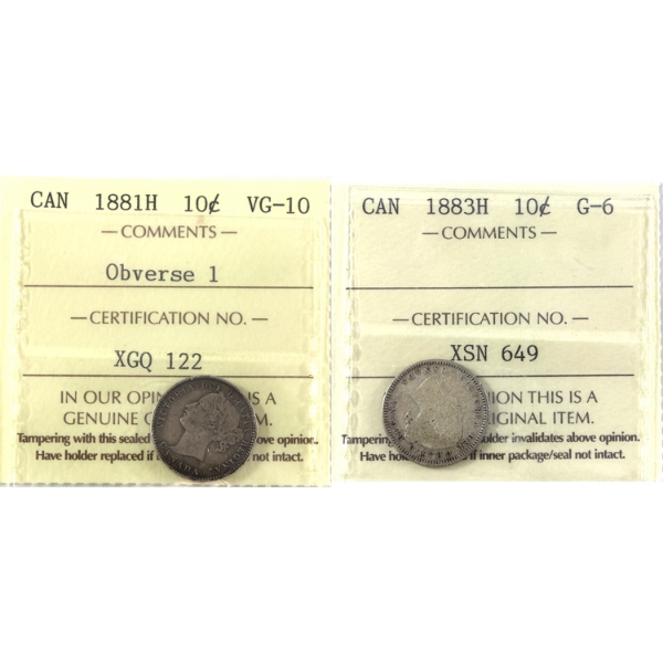 10-cent 1881H Obverse 1 VG10 & 1883H G6 ICCS. 2pcs.