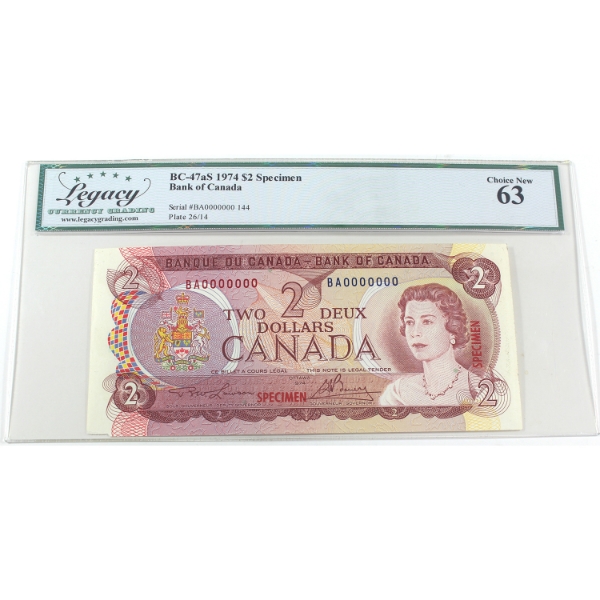 BC-47aS 1974 $2 Specimen Legacy CUNC63 Lawson-Bouey SN: BA0000000 144