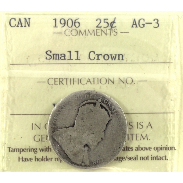 25-cent 1906 Small Crown ICCS AG3