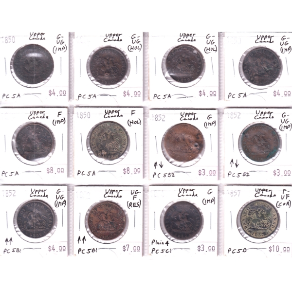 Bulk Lot of 1850-1857 Upper Canada Half Penny Tokens G to F-VF in 12-Pocket Sheet. 12pcs