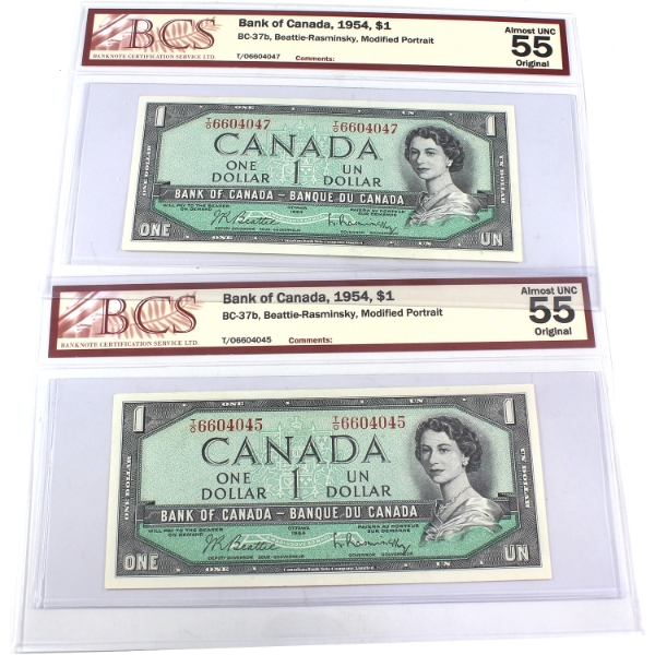 2x BC-37b 1954 $1 Modified Portrait BCS AU55 Original Beattie-Rasminsky SN: T/O6604045 & T/O6604047