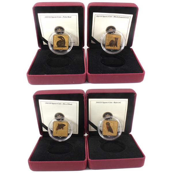 Group Lot of 2010-2011 $3 Wildlife Conservation Square Sterling Silver Gold Plated Coins. 4pcs.