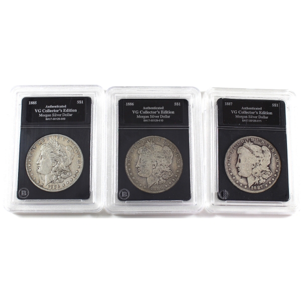 USA Silver 1885, 1886 & 1887 Morgan Dollar Bradford Authenticated. 3pcs.
