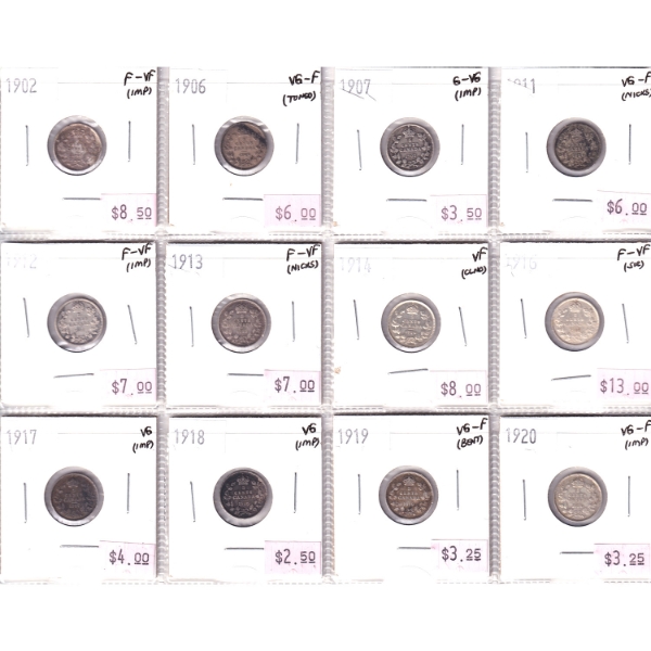 5-cent 1902-1920 Collection in 12-Pocket Sheet G-VG to F-VF. 12pcs.