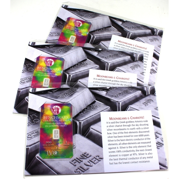 1 grain Benchmark Strategic Metals Moonbeams & Chariots .999 Fine Silver Bar. 3pcs. (Tax Exempt)