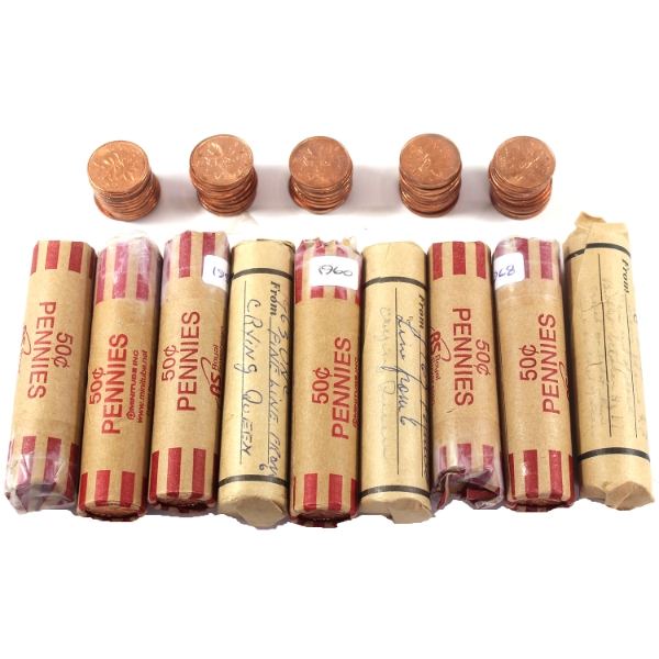 9x 1-cent 1958-1968 Rolls of 50pcs & Assorted Loose Pennies. 9 Rolls.